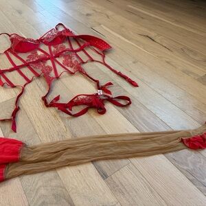 Agent Provocateur Red Lace Bra with Decorative Bows and Garter Straps